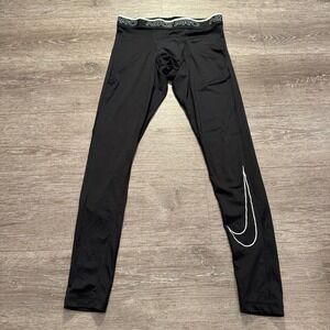 Nike Pro Leggings Mens Medium Black Swoosh Logo Compression Performance